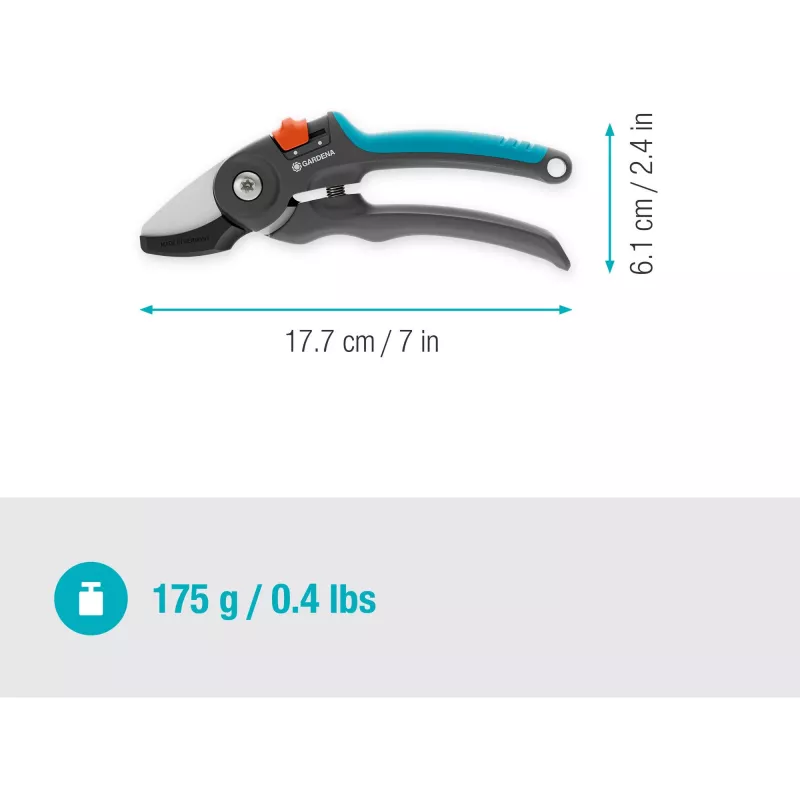 Genėjimo žirklės GARDENA PremiumCut 12240-20 su priekalu sausai medienai, pilkos / turkio spalvos