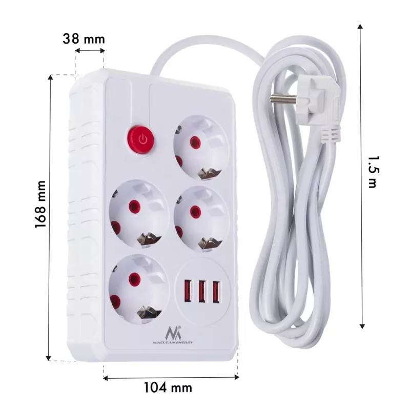 Maitinimo lizdas MACLEAN MCE392 W — 4 F tipo lizdai, 3×USB A, 110–240 V, 2.1 A maks., 2500 W, 1,5 m kabelis, baltas