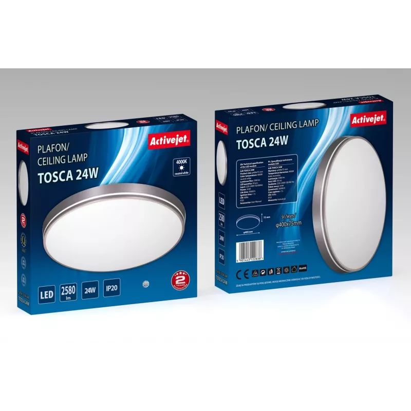 LED lubinis šviestuvas ActiveJet AJE-TOSCA 24W, apvalus 40 cm, 4000 K, 2580 lm, pilkas