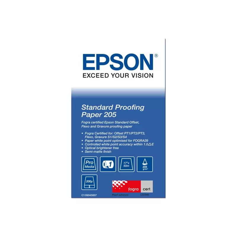 Epson Standard Proofing Paper, 17 inch x 50m, 205g/m², 50 m, 43.2 cm, 43.2 cm (17 inch), Matt, 190 µm, 205 g/m²