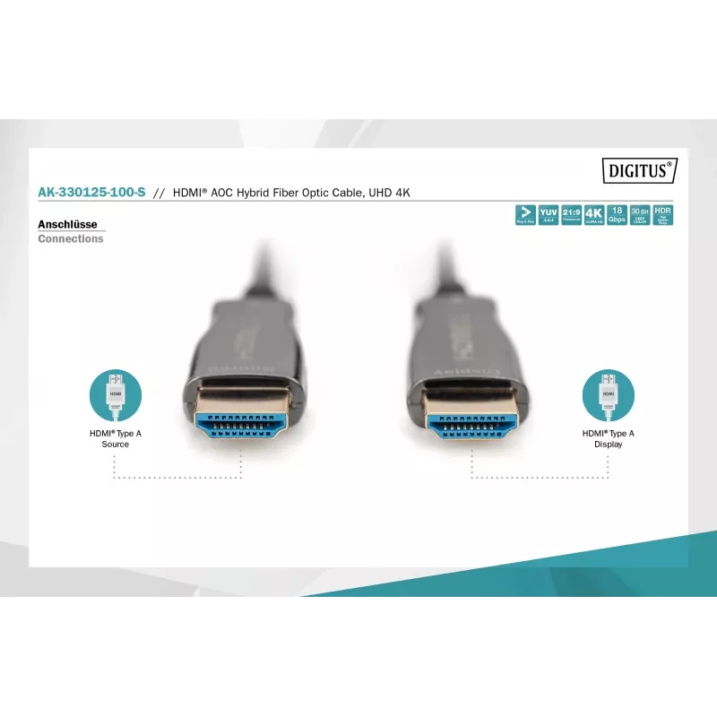 HDMI AOC hibridinis šviesolaidinis kabelis Digitus AK-330125-100-S