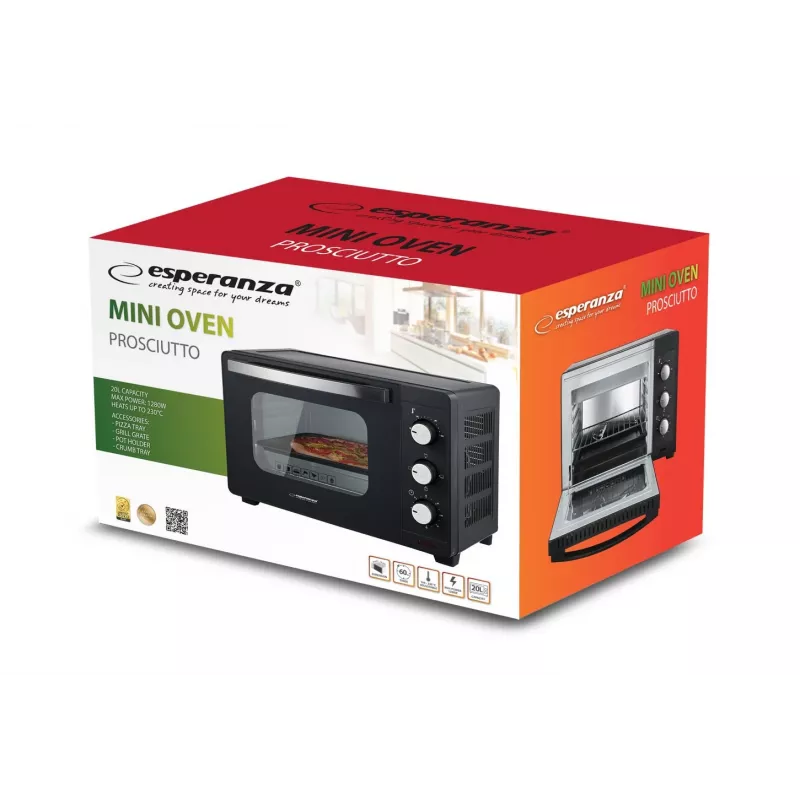 Mini krosnelė ESPERANZA EKO008N — 20 l, 1280–1300 W, iki 230 °C, 60 min mechaninis laikmatis, sukamosios rankenėlės, stiklinės durelės, pastatoma