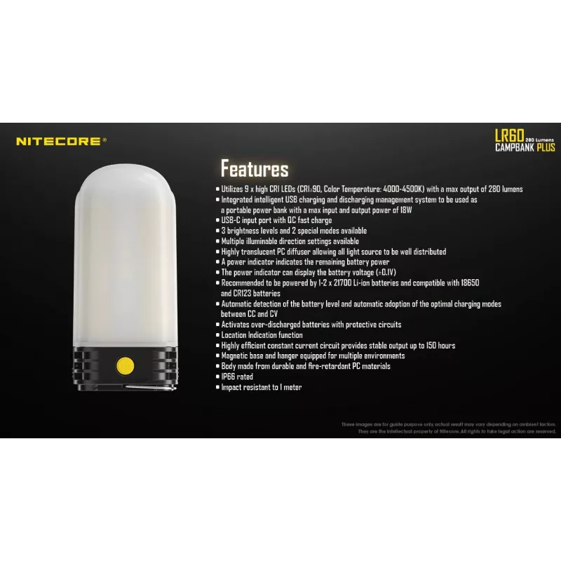 Maitinamas baterijomis stovyklavimo žibintas Nitecore LR60 280 lm USB C