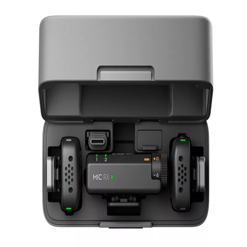 „DJI Mic Mini“ (2 TX + 1 RX + įkrovimo dėklas) belaidžių mikrofonų rinkinys – tamsiai pilkas