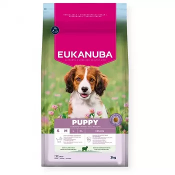 Sausas šunų maistas EUKANUBA Puppy & Junior Small/Medium Lamb & Rice 3 kg — visavertis pašaras jauniems mažų/vidutinių veislių šunims