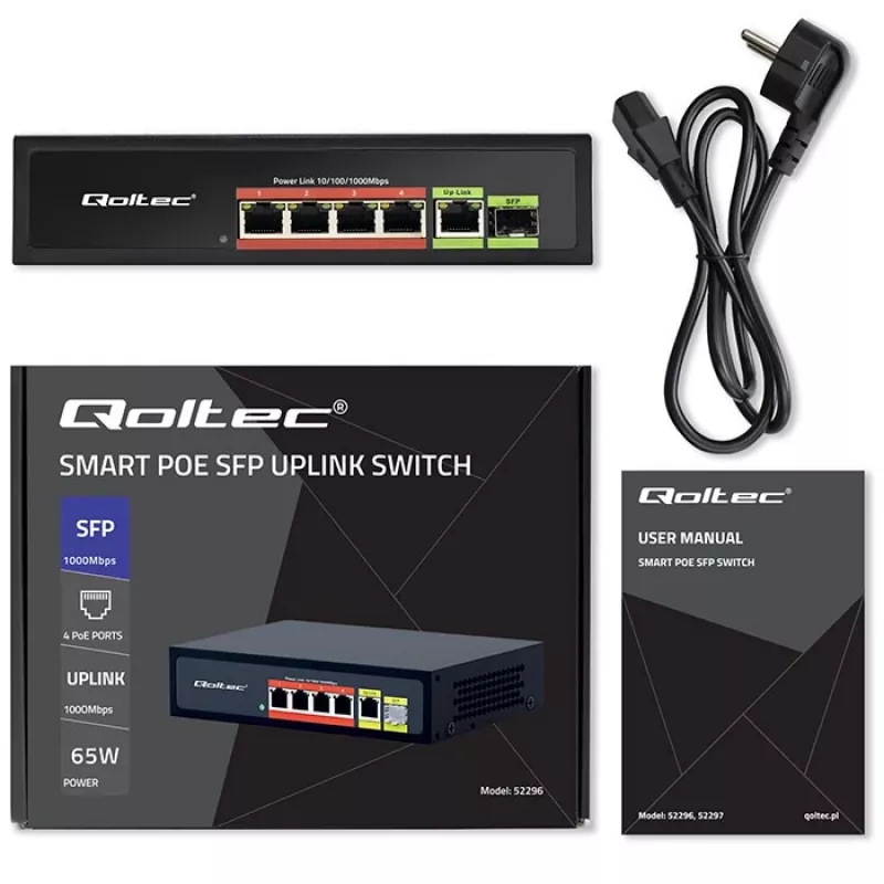 Ethernet PoE komutatorius QOLTEC 52296 — 4x RJ45 PoE prievadai, 1x RJ45 aukštyninė jungtis