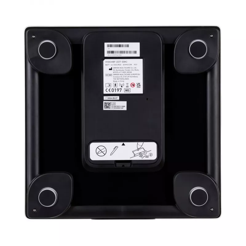 Elektroninės asmeninės svarstyklės Omron VIVA — kvadratinės, juodos, maks. 150 kg, 100 g tikslumas, kūno riebalų / KMI / BMR, 30 naudotojų atmintis