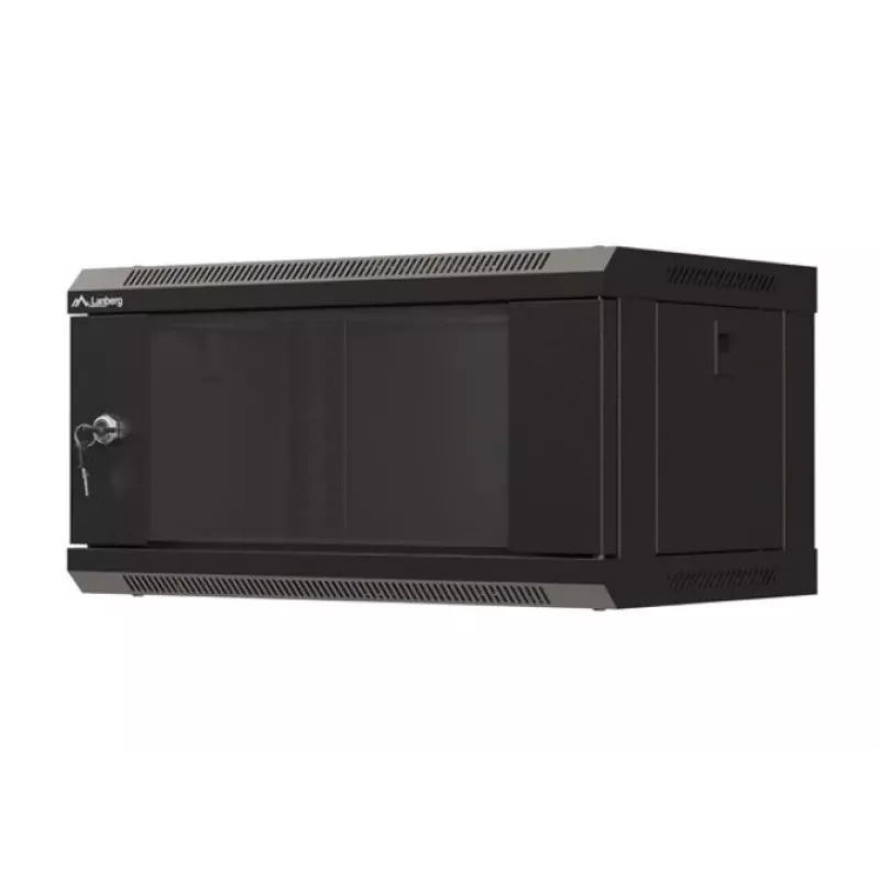 Prie sienos montuojama stovo spinta LANBERG WF03-5304-10B 19 colių 4U juoda, stiklinės durys