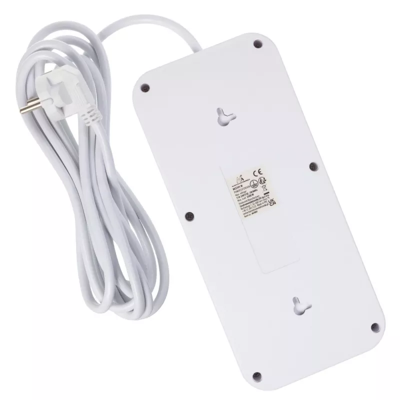 Kištukinis lizdas MACLEAN MCE391 W — 6 lizdai, 4×USB-A + 1×USB-C, 3 m kabelis, 110–240V, 2500W, baltas