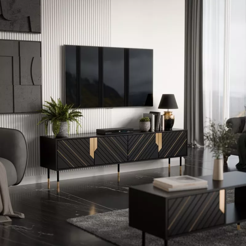 Televizoriaus spintelė cama meble Cama 4D MOUNTAIN 2040×400×550 mm juoda + aukso spalvos medžio drožlių plokštės viršus