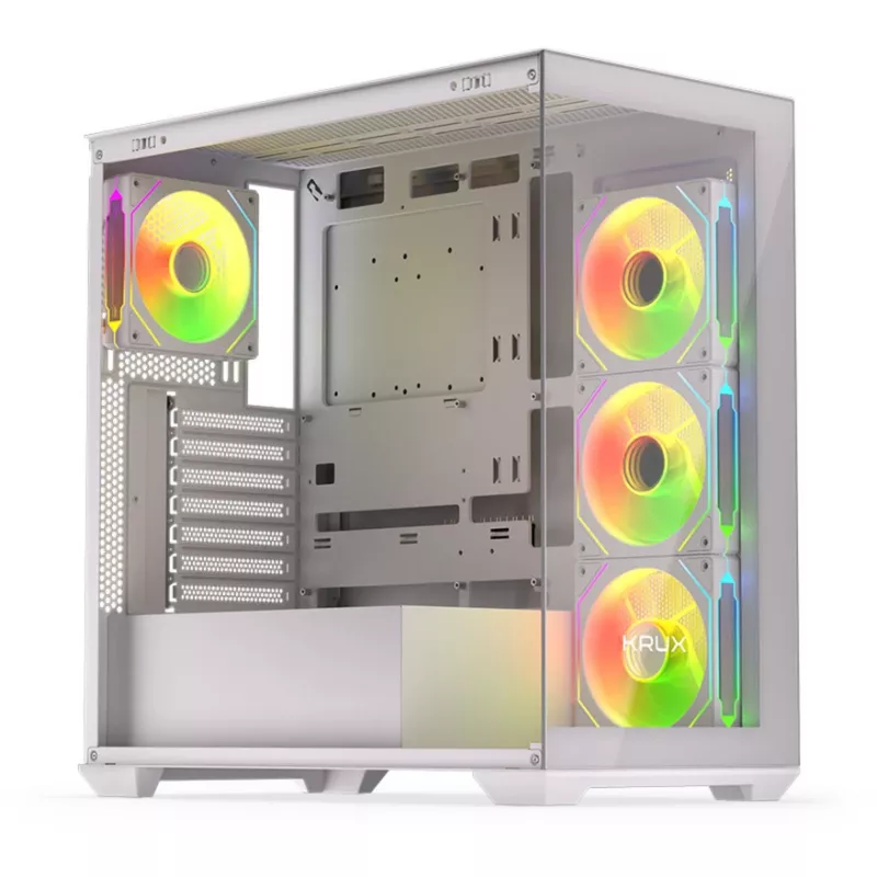 PC korpusas KRUX Exo RGB White — ATX bokštas, plieninis, 2×3,5 colio + 2×2,5 colio nišos, USB-C, RGB