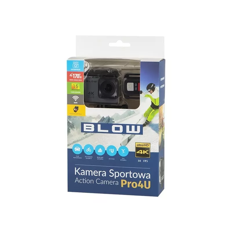 Veiksmo kamera BLOW 78-538 — 4K Ultra HD, 2 colių ekranas, 170° matymo laukas, Wi‑Fi, vaizdo stabilizatorius, microSD iki 64 GB