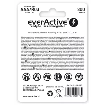 Pakartotinai įkraunamos AAA NiMH baterijos everActive EVHRL03-800 – 1.2 V, 4 vnt., cilindrinės 44.5×10.5 mm