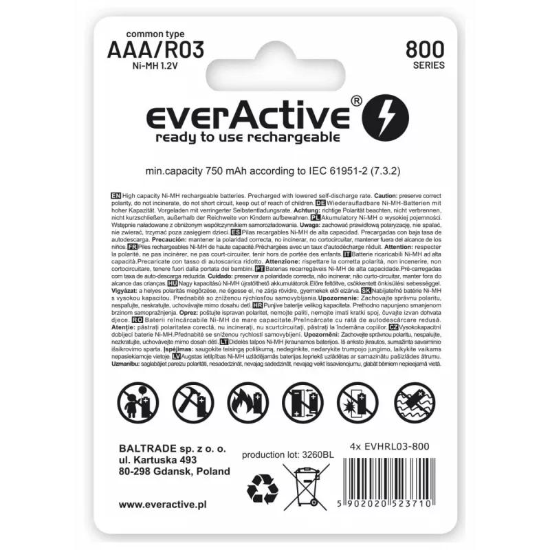 Pakartotinai įkraunamos AAA NiMH baterijos everActive EVHRL03-800 – 1.2 V, 4 vnt., cilindrinės 44.5×10.5 mm