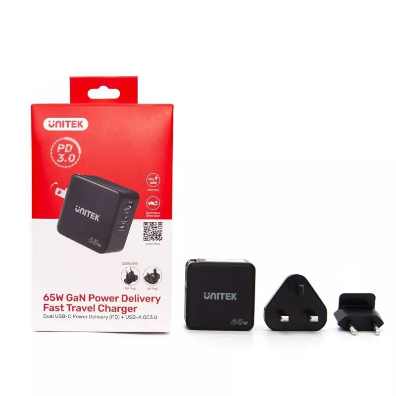 Unitek P1117B USB-C PD 65W universalus mobilusis įkroviklis, 2x USB‑C PD + 1x USB‑A, juodas