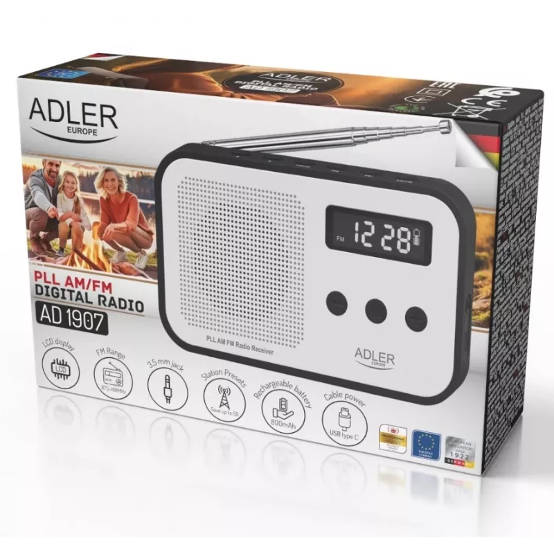 Nešiojamasis skaitmeninis radijas Adler AD 1907 — AM/FM, skaitmeninis imtuvas, žadintuvas, USB-C, 600 mAh baterija, LCD, 20 išsaugotų stočių, teleskopinė antena