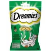 Kačių skanėstai Dreamies su katžole 60 g — traškūs mėsos skonio kąsneliai, 22% baltymų, 22% riebalų, 2% žalios ląstelienos