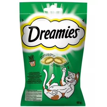 Kačių skanėstai Dreamies su katžole 60 g — traškūs mėsos skonio kąsneliai, 22% baltymų, 22% riebalų, 2% žalios ląstelienos