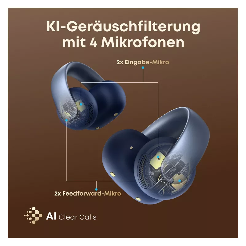ANKER Soundcore AeroClip mėlynos atviros ausinės su segtuku, Hi-Res garsas, LDAC, NC, IP55, AI palaikomi skambučiai
