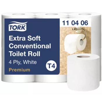 Tualetinis popierius Tork Premium Extra Soft Conventional T4 — 4 sluoksnių ritinėliai 9,7 cm x 19,1 m, pakuotėje 6 vnt.