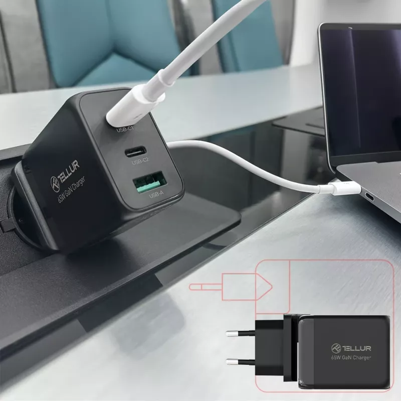 Sieninis pakrovėjas Tellur TLL151451 65W, 3 prievadai (2x USB-C, 1x USB-A)