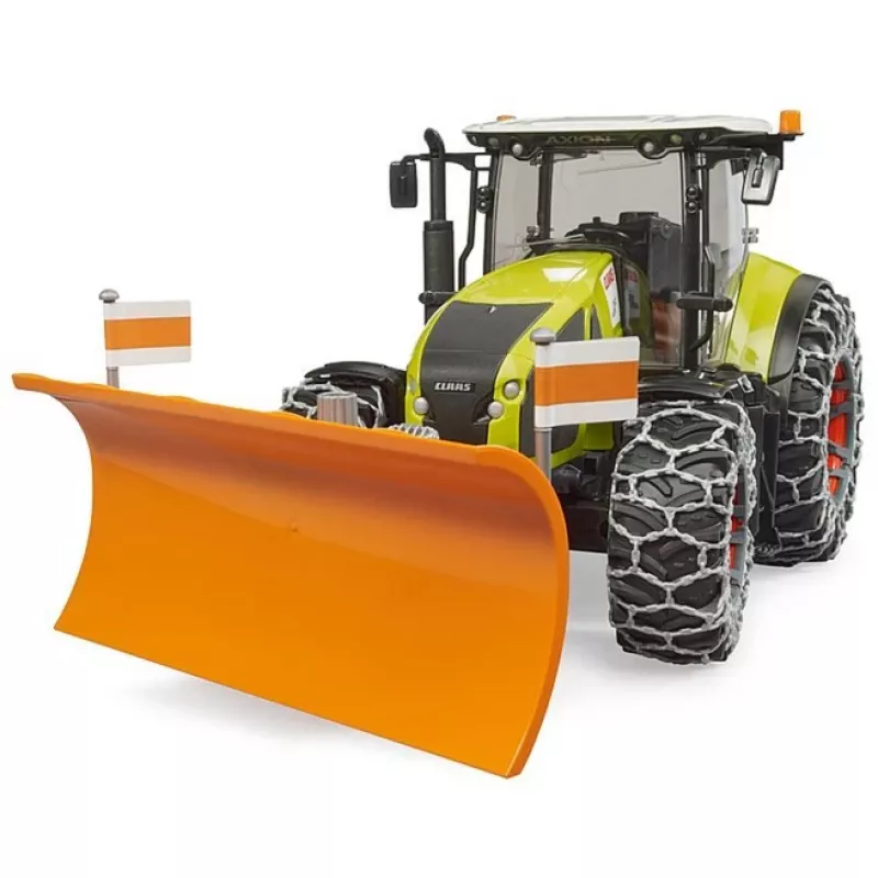 Žaislinis traktorius BRUDER Claas Axion 950 su sniego grandinėmis ir sniego valytuvu, mastelinis modelis