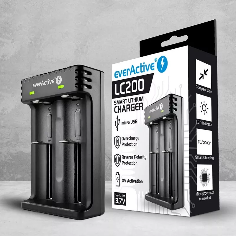 Baterijų įkroviklis everActive LC200 buitinis USB, 2 lizdų, Li-Ion, palaiko A/AA/AAA/AAAA/C/D, 5 V įvestis, 4,2 V išvestis, juodas
