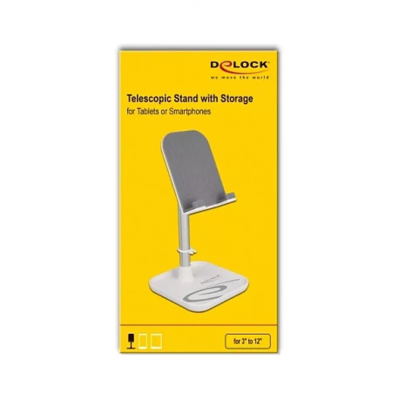 DeLOCK išmaniojo telefono ir planšetinio kompiuterio teleskopinis stovas su saugojimo vieta, sidabrinis baltas