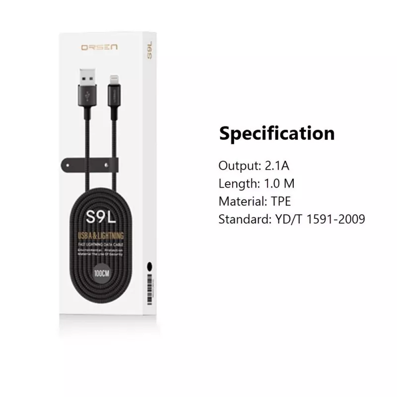 USB-A į Lightning laidas Orsen S9L 1 m 2,1 A — juodas