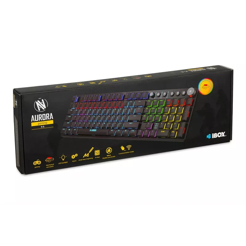 Klaviatūra IBOX AURORA K-6 — pilno dydžio QWERTY, RF belaidė + Bluetooth, RGB apšvietimas, mechaniniai žemo profilio klavišai, juoda