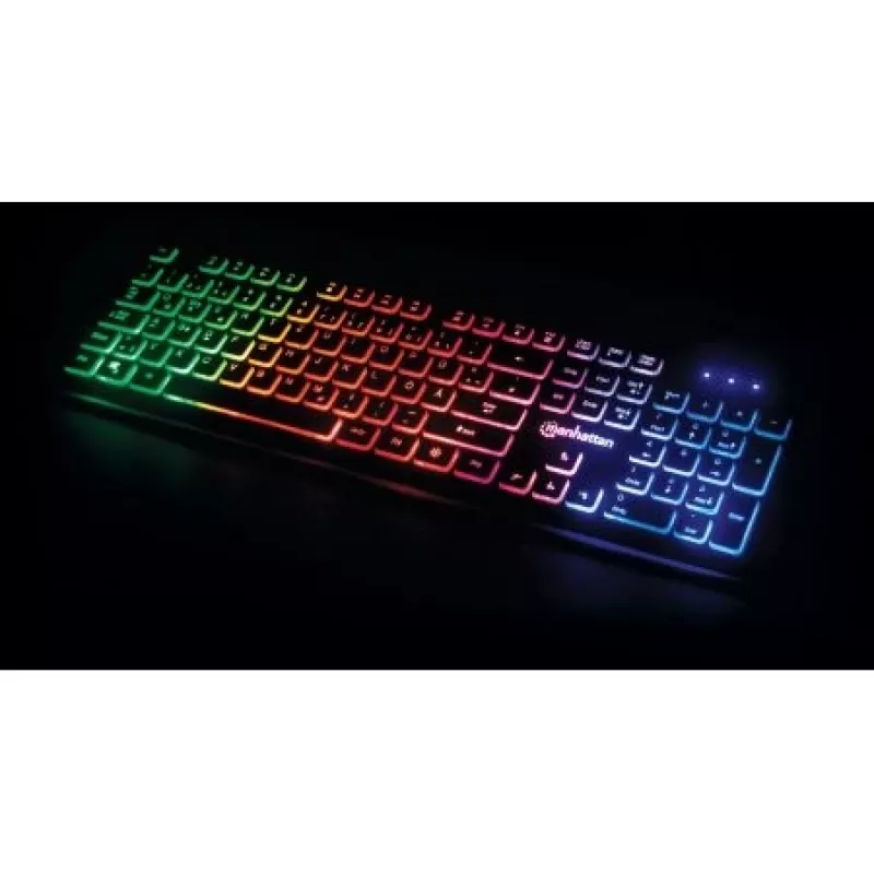 Manhattan Gaming USB klaviatūra, žemos jėgos klavišų leidimas, 12 daugialypės terpės klavišų, vaivorykštės LED apšvietimas, USB-A, juoda, mažmeninė pakuotė (vokiškas išdėstymas)