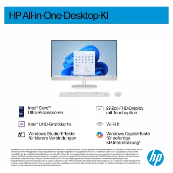 HP AI 27-cr2275ng - All-in-One (Complete Solution) - Core Ultra 7 255U - RAM 16 GB - SSD 512 GB - NVMe - Intel Graphics - 1GbE, Bluetooth 5.3, Wi-Fi 6 - WLAN: 802.11a/b/g/n/ac/ax