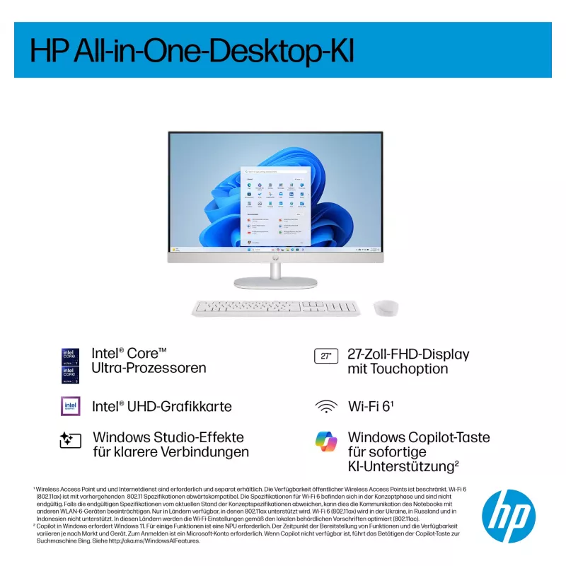 HP AI 27-cr2275ng - All-in-One (Complete Solution) - Core Ultra 7 255U - RAM 16 GB - SSD 512 GB - NVMe - Intel Graphics - 1GbE, Bluetooth 5.3, Wi-Fi 6 - WLAN: 802.11a/b/g/n/ac/ax