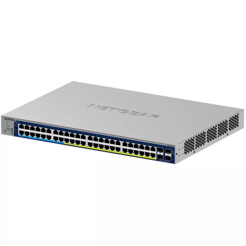 Valdomas gigabitinis PoE komutatorius NETGEAR GS752TXUP — 48× Gigabit RJ-45, 10G palaikymas, 1U stovas, 176 Gbit/s perjungimo pajėgumas