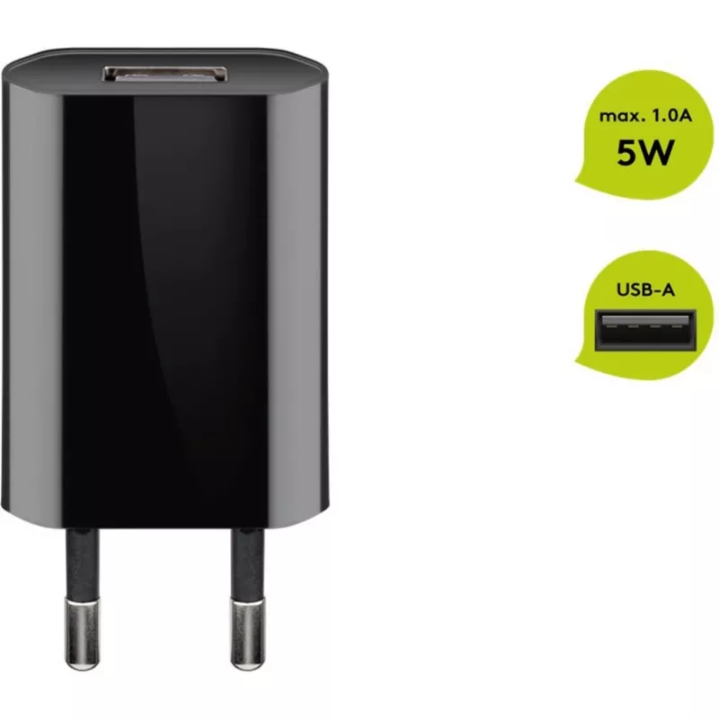 USB sieninis įkroviklis GOOBAY 5 W, 1x USB 2.0, įvestis 100–240 V, juodas