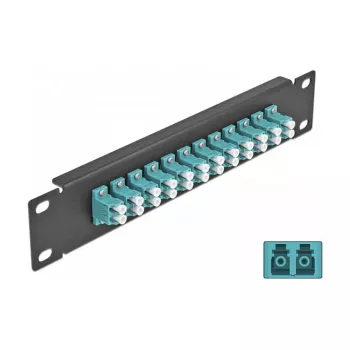 Skaidulinių optinių pataisymo skydelis DeLOCK 10 colių 12 prievadų LC Duplex aqua 1U juodas