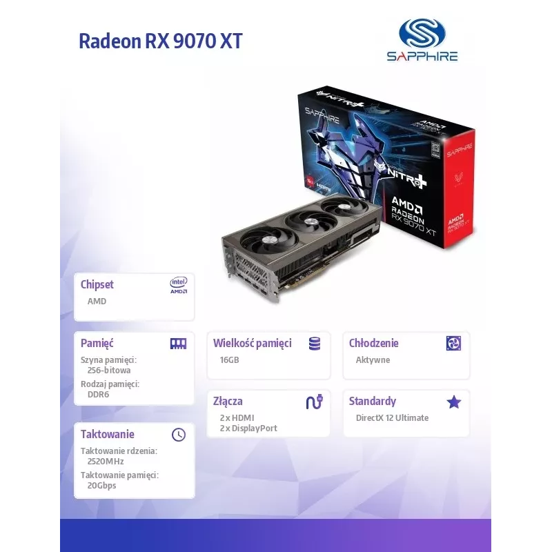 Sapphire vaizdo plokštė Radeon RX 9070 XT, 16 GB GDDR6, PCIe 5.0, 256-bit, 330W TDP