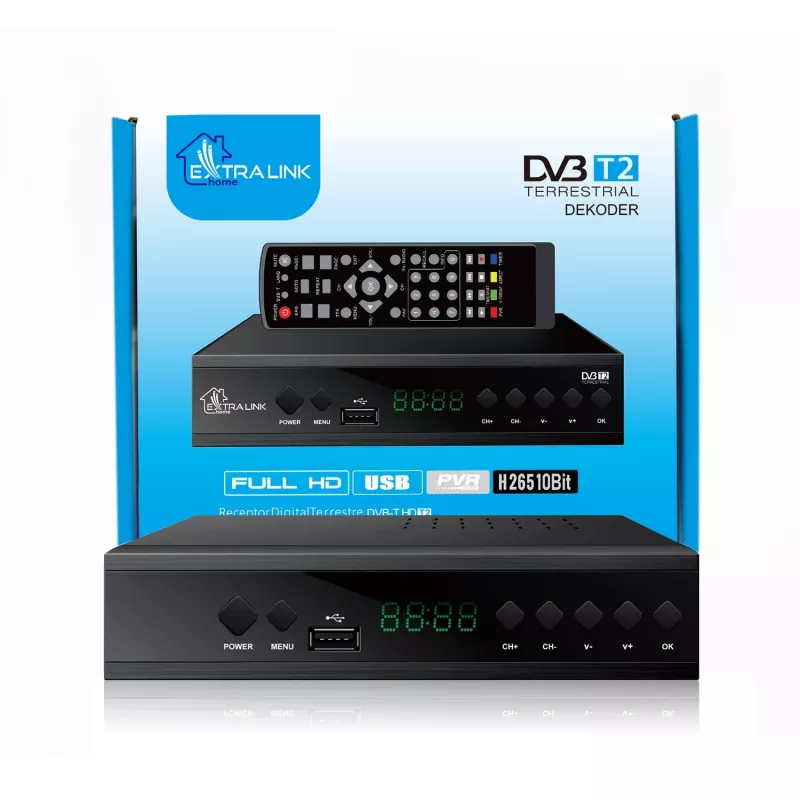 Extralink Home Tuner DVB-T2 skaitmeninės TV dekoderis H.265 HEVC FULL HD USB HDMI + nuotolinio valdymo pultelis