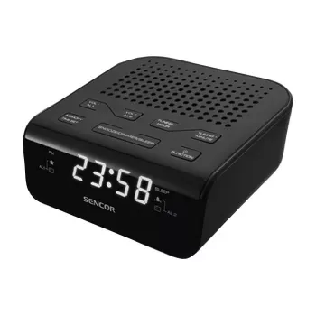 Laikrodis-radijas SENCOR SRC 136 B — PLL FM, 0,6 colio LED, dvigubas žadintuvas, snausti, baterijos atsarginis maitinimas, juodas