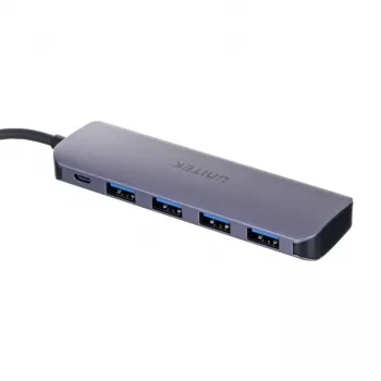 USB šakotuvas Unitek P5+ — 5 prievadai (4 × USB 3.2 Gen 2 Type-A), USB 3.2 Gen 1 šeimininkas, 5 Gbit/s, 10 W PD, aliuminis, pilka