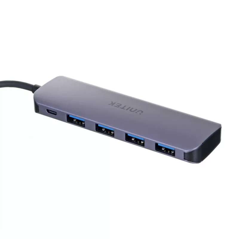 USB šakotuvas Unitek P5+ — 5 prievadai (4 × USB 3.2 Gen 2 Type-A), USB 3.2 Gen 1 šeimininkas, 5 Gbit/s, 10 W PD, aliuminis, pilka