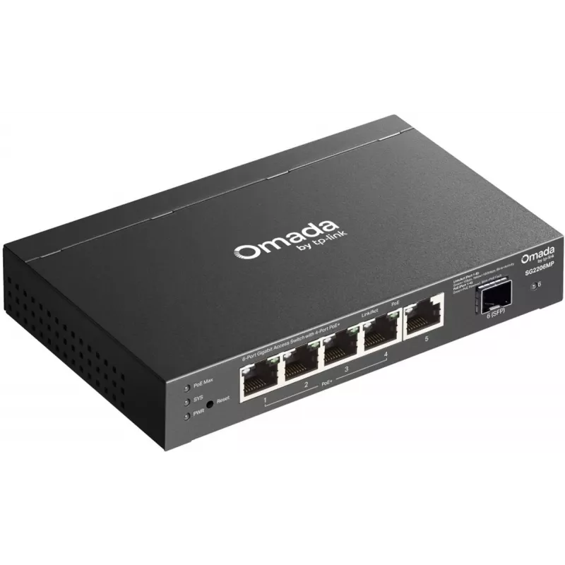 Tinklo komutatorius TP‑LINK SG2206MP L2 Gigabit Ethernet PoE 5 prievadų (5x Gigabit, 1x SFP, PoE+ 4 prievadai, 63W biudžetas)