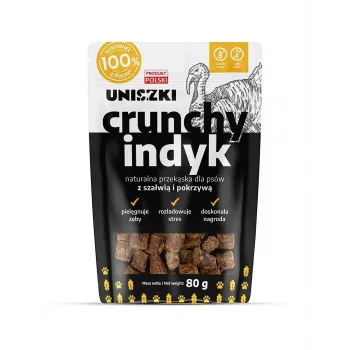 Šunų skanėstai UNISZKI Crunchy Turkey su šalaviju ir dilgėle 80 g – bekvapiai, be cukraus ir konservantų dantų skanėstai
