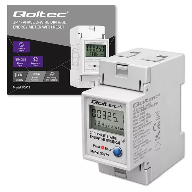 Energijos skaitiklis QOLTEC Vienfazis DIN bėgiui 230V (MPN 50979)