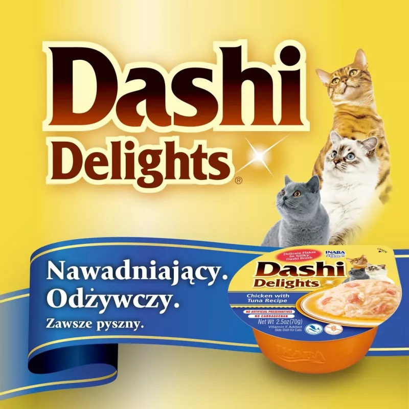 Kačių skanėstas INABA Dashi Delights Vištienos ir Tuno sultinys, 70 g pakuotė, be grūdų, be glitimo, be sojų