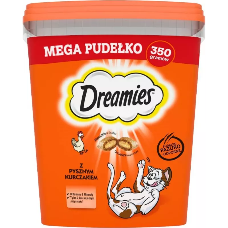 Traškučiai Dreamies mišrių skonių su vištiena ir sūriu 350 g — traškus mėsingas užkandis suaugusioms katėms, baltymai 22%, riebalai 22%