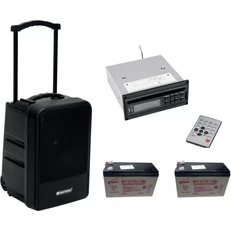 Nešiojama belaidė garsinimo sistema Omnitronic MOM-10BT4 su CD grotuvu, USB, SD ir 2 įkraunamomis baterijomis