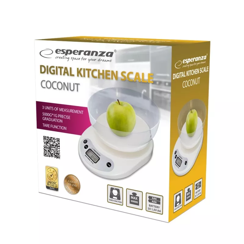 Elektroninė virtuvinė svarstyklė ESPERANZA EKS007 — 5 kg talpa, 1 g tikslumas, balta