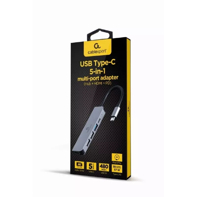 Gembird A-CM-COMBO5-03 USB Type-C 5-in-1 kelių prievadų adapteris (USB šakotuvas + HDMI + PD)