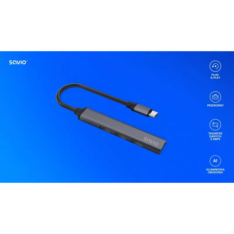 USB 3.0 4 prievadų sąsajos šakotuvas SAVIO AK-71 su USB-C, 5000 Mbit/s, 2 metų garantija
